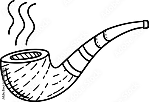 Classic smoking pipe illustration with steam rising, isolated on white traditional tobacco accessory, hand drawn line art