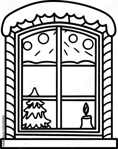 Snowy winter window with candle and christmas tree cozy holiday season decor, festive indoor scene