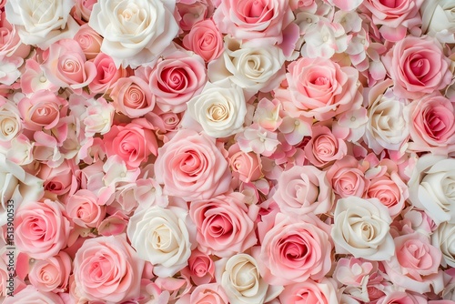 A dense field of roses in soft hues of pink and white, creating a romantic and vibrant floral arrangement.