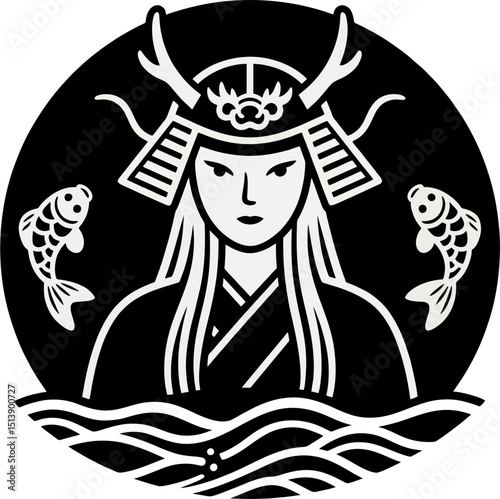 Minimalist Monochrome Female Samurai with Dragon Helmet and Koi Fish – Vector Logo Design