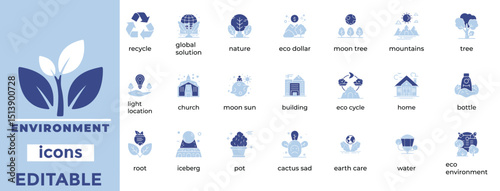 Clean environment vector icons ideal for sustainability, ecology, and green energy designs across digital platforms