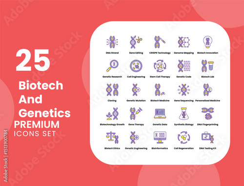 Biotech and Genetics Vector Icon Set for DNA Research, Gene Editing, and Biotechnology Innovations