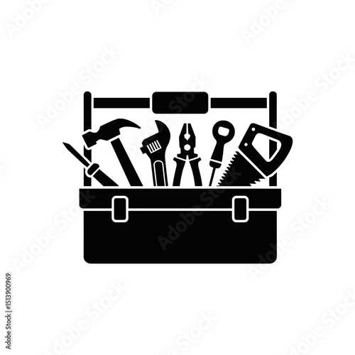 Black Toolbox Silhouette: A bold black silhouette of a toolbox overflowing with essential tools, illustrating concepts of repair, construction, and home improvement.
