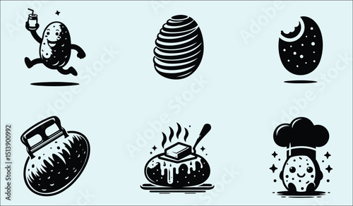 Potato Icon Set Cartoon Characters and Food Preparation in Black and White