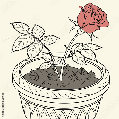 Single red rose in a decorative pot drawing