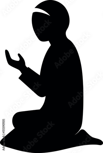 A silhouettes of solemnly muslim man raising their hands in prayer, kneeling and bowing, vector illustration  Vector
