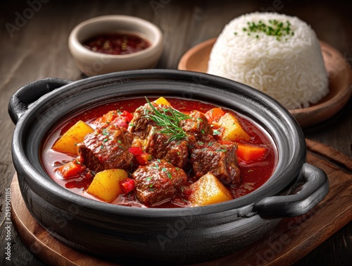 Delicious menudo stew with pork, liver, potatoes, and vibrant vegetables served with rice and soy dip on a cozy table