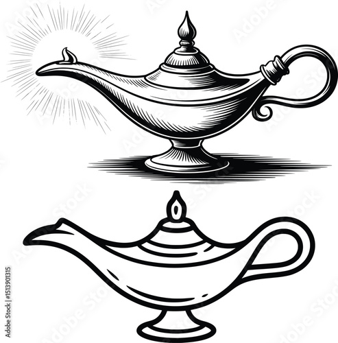 Magic Genie Lamp Vector Set, Vintage Aladdin Oil Lamp Clipart Illustration.