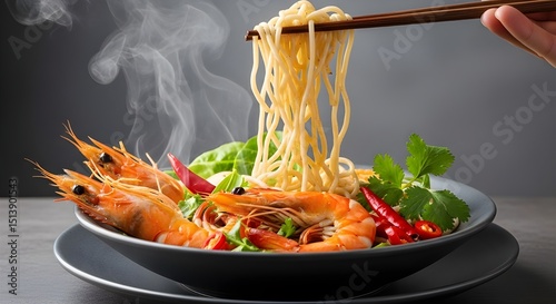 Steaming Noodle Bowl with Succulent Shrimp and Fresh Vegetables
