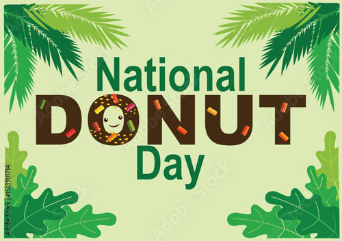 National donut day flat vector illustration poster. Donuts with icing and colorful sprinkles smiling face on light background. Graphic resource design.