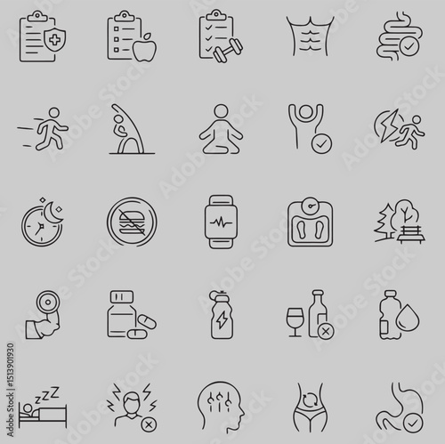 Healthy lifestyle set of web icons in line style. Fitness and sport icons web and mobile app. Work and rest, physical activity, exercise, gym, sleep, body care and a diet