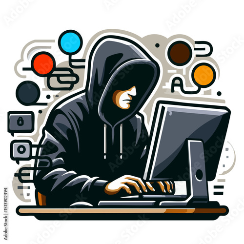 Cybercriminal in hoodie using computer with digital elements in background  