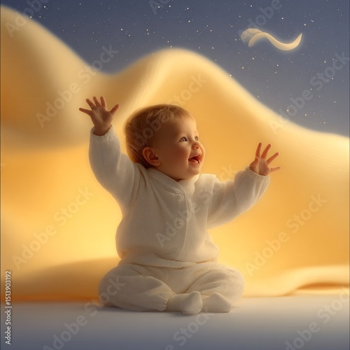 Baby in white pajamas reaching up under dreamy yellow fabric waves and starry sky, soft pastel palette, for nursery