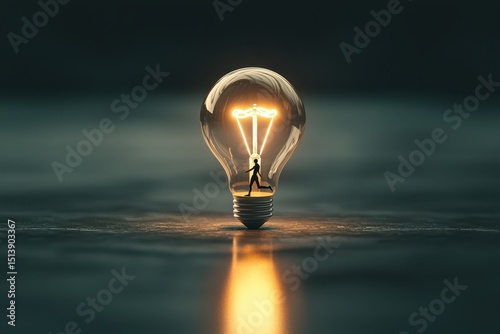 business bright idea concept. Light bulb glowing in a dark setting, symbolizing ideas and innovation.