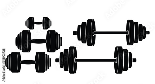 Crisp silhouettes of dumbbell and barbell for gym, workout, training, and strength-focused designs.

