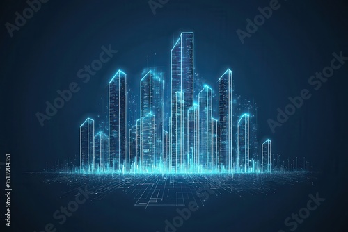 business bright idea concept. Futuristic city skyline with glowing outlines and digital elements.