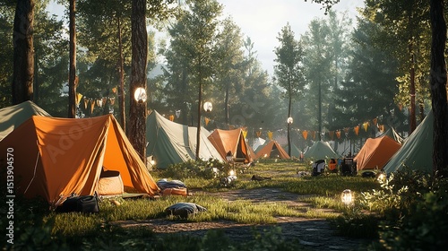 Enchanted camping festival under the trees tents glowing with soft lantern light creates a magical