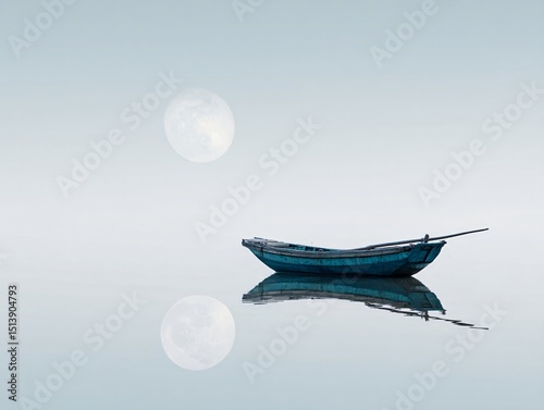 Minimalist fishing boats floating on calm water with full moon reflections, blue and gray tones, perfect for editorial or design use