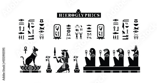 Egyptian papyrus with gods and goddesses offering sacrifices to cats in silhouette.