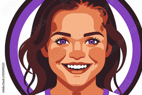 Cartoon Portrait of a Smiling Woman with Purple Eyes and Brown Hair - Detailed Digital Art Illustration with Vibrant Colors and a Playful, Youthful Aesthetic