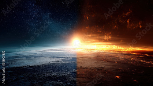 the image showcases a dramatic split of Earth, one side bathed in icy blues and the other in fiery oranges and reds, symbolizing contrasting climates and environments