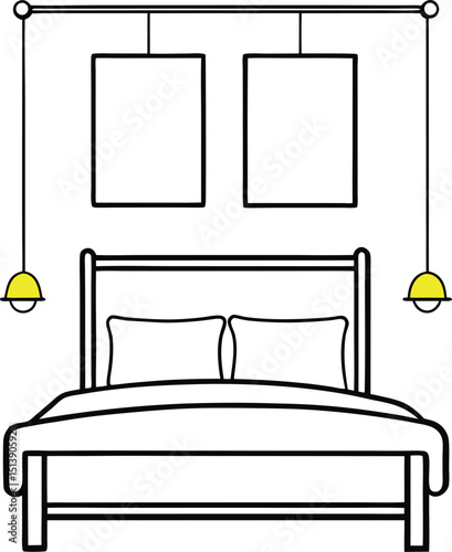 Line art of a double bed with a rectangular wall hanging above it