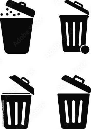 Trash can icon set. Black silhouettes for delete, remove, rubbish, garbage, waste, recycle bin, UI/UX elements. AI Generative
