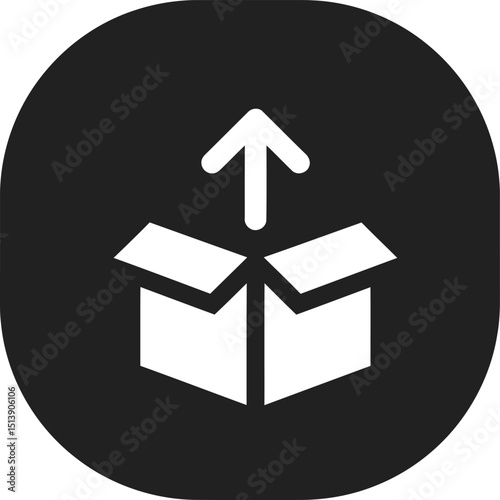 Upload from box icon. White arrow from open package in dark circle. For unboxing, new product, software update, shipping. AI Generative
