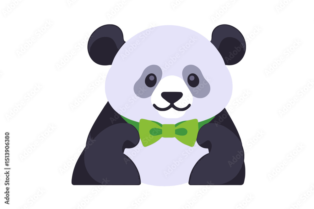 Fototapeta premium Cute Cartoon Panda with Green Bow Tie Illustration- Adorable Black and White Panda Bear Clipart- Perfect for Kids Designs and Animal Themed Projects