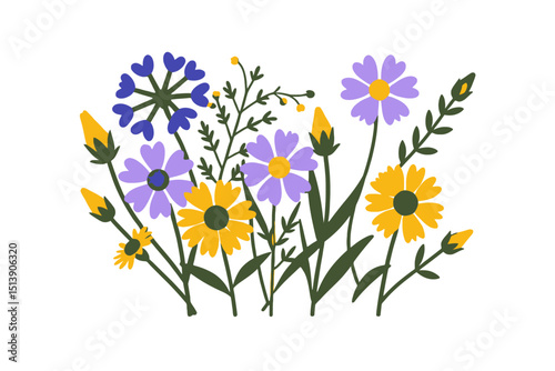 Colorful Wildflower Illustration - Vibrant Floral Arrangement with Daisies and Buds - Whimsical Flower Bouquet Image for Spring and Summer Designs