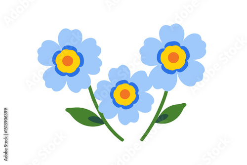 Cute Forget Me Not Flowers Illustration- Light Blue Floral Design with Green Leaves- Springtime Botanical Image for Crafts and Decoration
