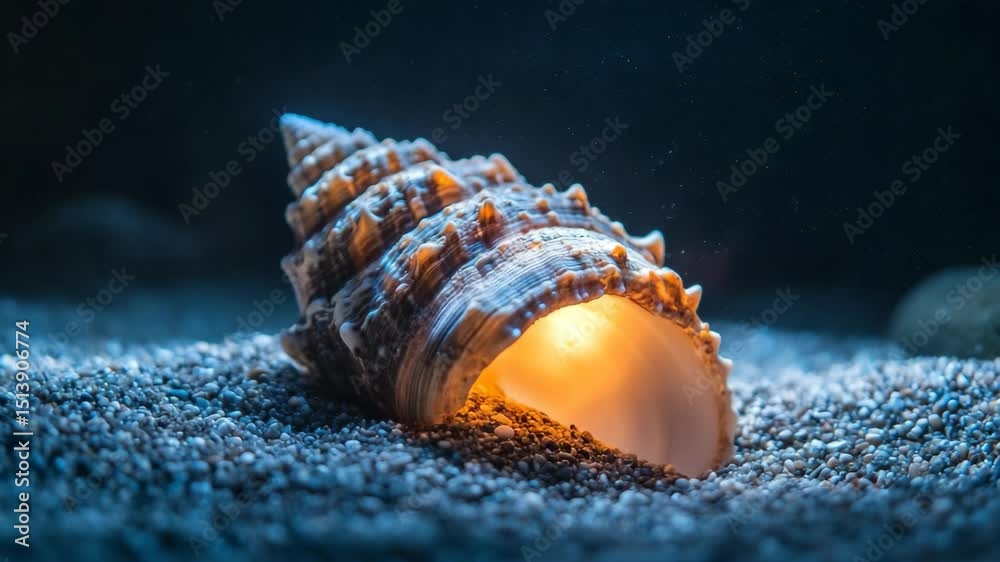 Textured shell partially buried in soft aquatic gravel, glowing in natural light, ultra-detailed macro shot with soft blur and color tones