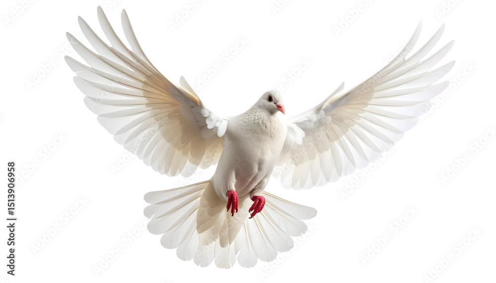 Obraz premium Graceful white dove in flight against a white background, symbolizing peace and freedom.