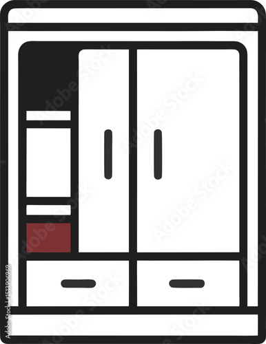 Line art of  a wardrobe icon, often used in digital interfaces to represent a closet or storage space for clothing