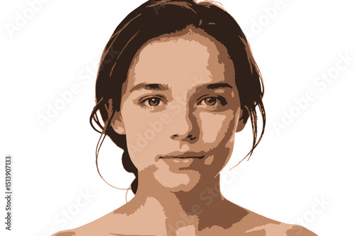 Natural Beauty Portrait - Close-up of a Young Woman with Freckles and Brown Hair - Minimal Makeup Look for Fresh Skin and Glowing Complexion - Studio Shot on White Background