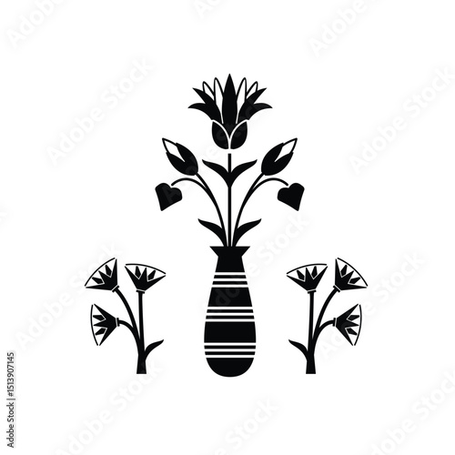 Illustration of lotus flower and pot based on Egyptian national ornament and hieroglyphs