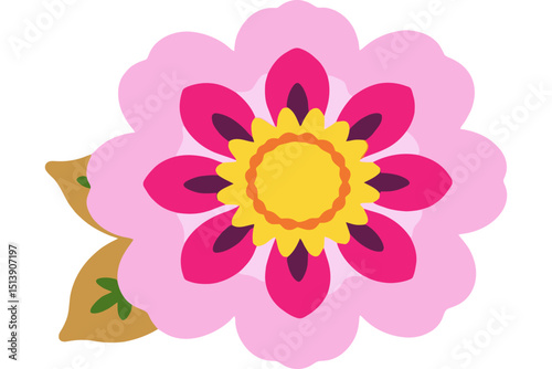 Pink Blossom Illustration- Floral Design Element- Cute Flower Clipart for Spring Projects- Graphic Resource with Yellow and Magenta Accents- Isolated on White
