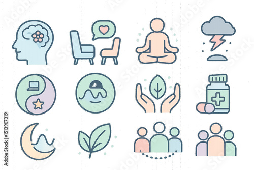 Minimalist Mental Health Icon Set – Pastel Wellness Illustrations (Transparent Background)
