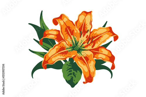 Vibrant Orange Tiger Lily Illustration - Detailed watercolor style botanical art of a blooming lily with green foliage - Perfect for floral designs and nature-themed projects