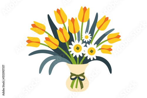 Vibrant Bouquet of Yellow Tulips and Daisies in Vase - Cheerful Floral Arrangement for Spring - Brighten Your Day with this Whimsical Flower Illustration