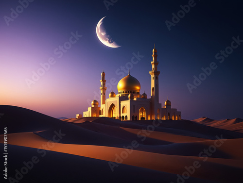 Beautiful mosque in desert at night with crescent moon islamic architecture