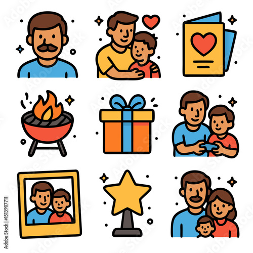 Fathers Day icons showcase heartwarming designs ideal for celebratory occasions, perfect for greeting cards, social media posts, and decorations.