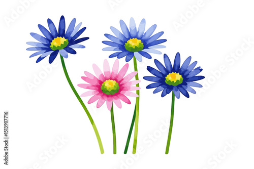 Watercolor Daisy Flowers in Blue and Pink - Delicate Floral Illustration for Spring - Botanical Art Print with Vibrant Colors and Whimsical Design