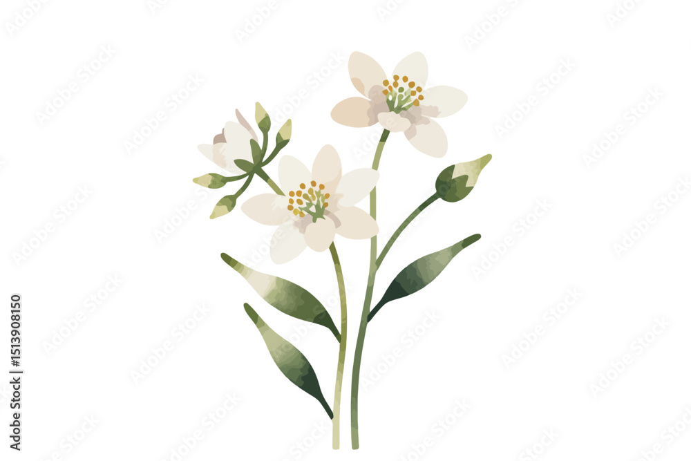 Fototapeta premium Watercolor Floral Illustration of Delicate White Flowers with Green Leaves and Buds - Botanical Art Print for Home Decor and Creative Projects - Elegant Floral Design Element