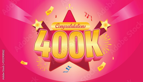 Celebration banner design featuring “Congratulations 400K” in bold golden letters with stars, confetti, and pink background. Perfect for social media milestones, follower achievements, and event promo