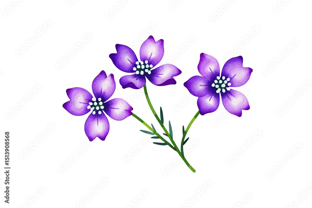 Obraz premium Watercolor Purple Flowers Illustration - Delicate Floral Artwork with White Background - Perfect for Botanical Designs and Spring Themes