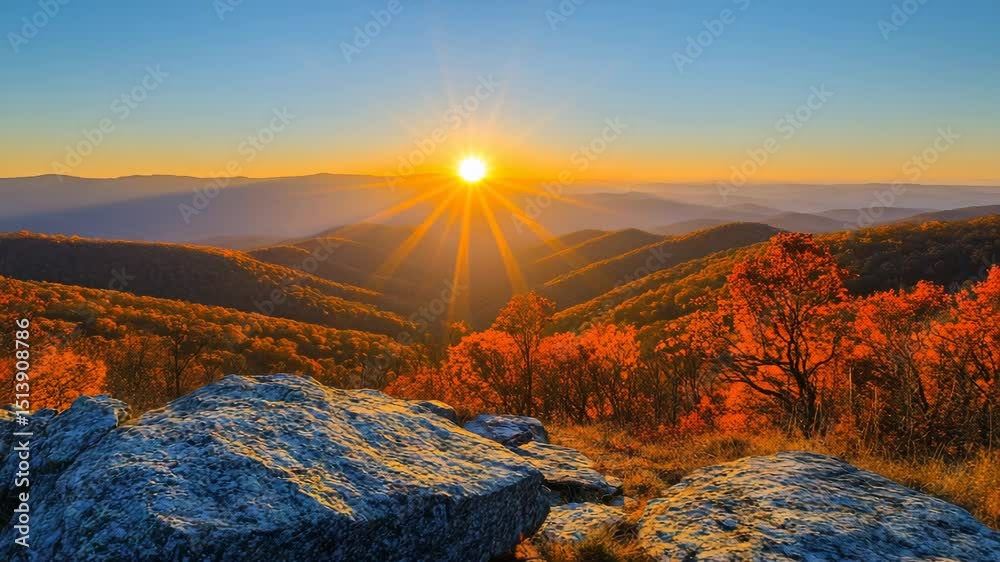 Vantage point from ridgeline facing toward horizon as golden sun peeks over distant summits in calm dawn