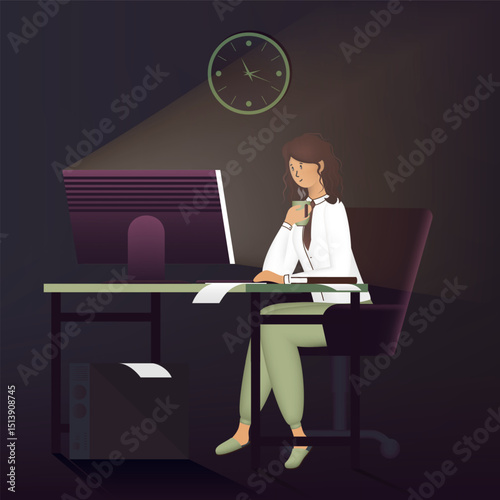 Cartoon Color Character Girl and Working Night Home Office Concept Flat Design Style. Vector illustration