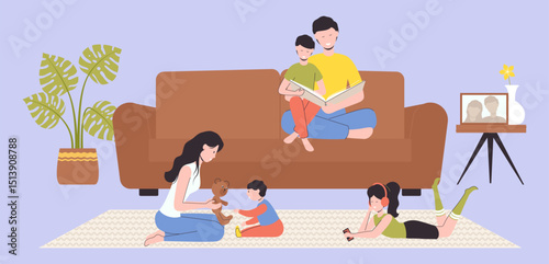 Cartoon Color Characters People Family Spends Time Together Concept Flat Design Style with Elements Thin Line. Vector illustration