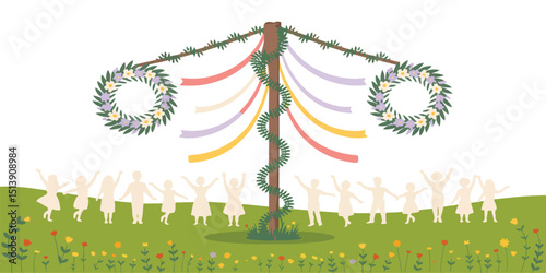Traditional Midsummer Celebration with Maypole Dance and Floral Wreaths – Scandinavian Summer Festival Illustration